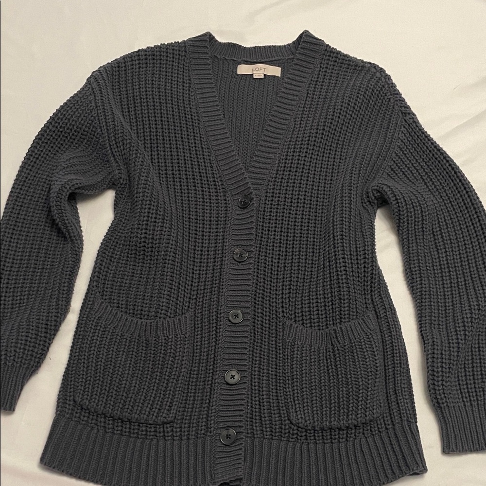 LOFT Women's Dark Gray Button Front Classic Cardigan Sweater